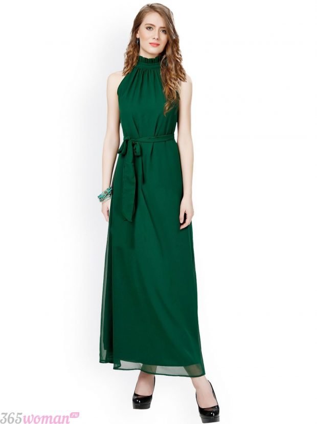 Что одеть на новогодний корпоратив: зеленое длинное платье с поясом