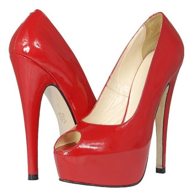 кожаные туфли красные на высоком каблуке с открытым носком