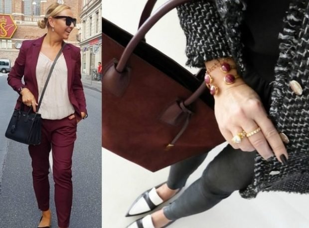 Мода весна лето 2022 2023 для женщин за 30: брючный бордовый костюм серые джинсы под жакет черно-белый